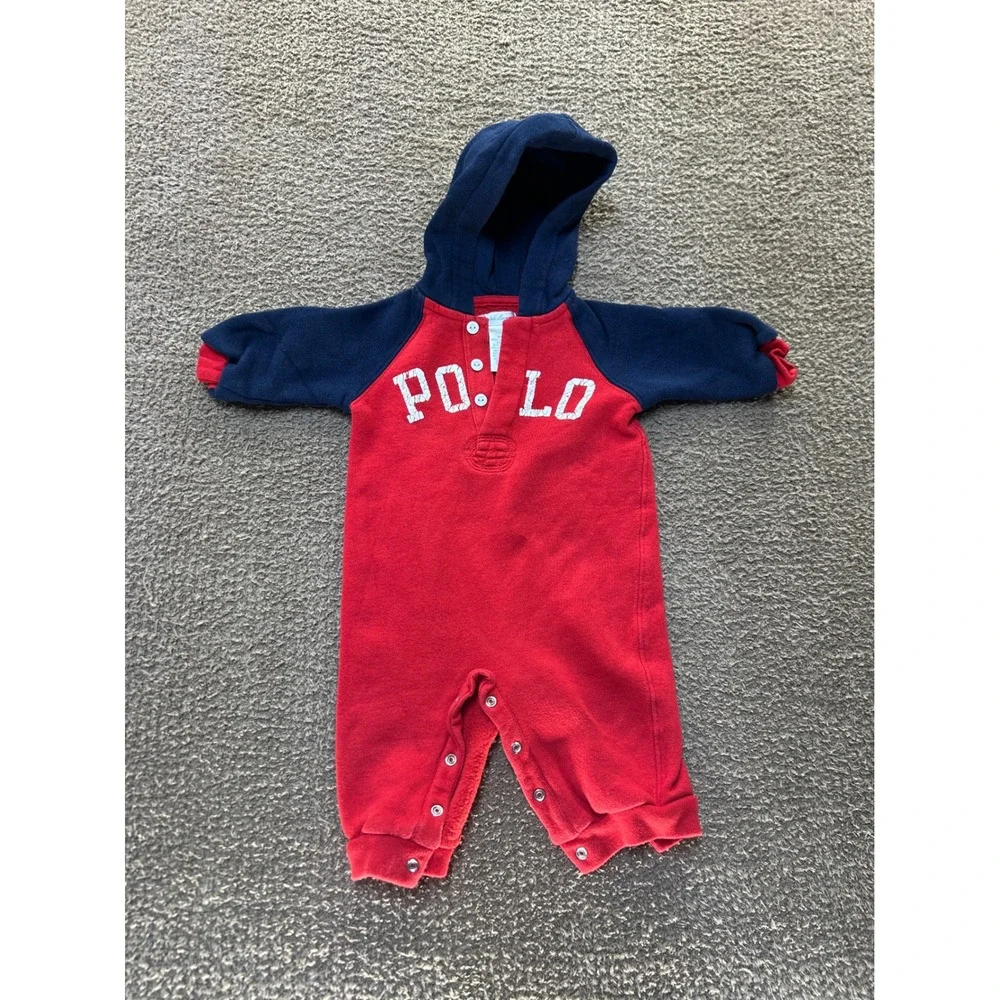 Ralph Lauren Polo Baby Boys Red Navy Hooded Fleece Romper Coverall 9M